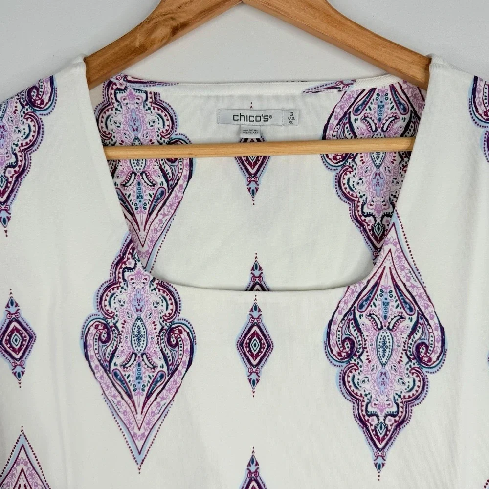 Chico's Knit Square Neck White Purple Paisley Chiffon Flutter Sleeve Top SZ-3-XL